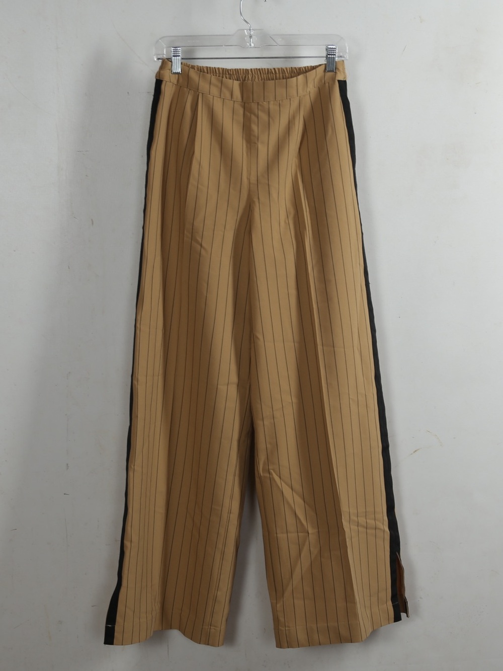 Men's Tan Pinstripe Wide-Leg Pants with Black Side Stripe